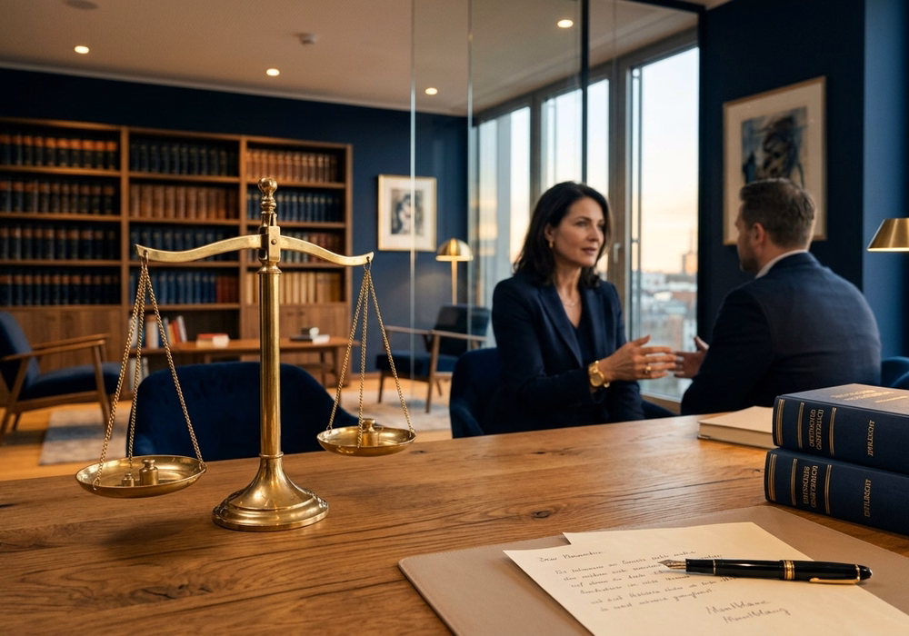 Seriöse juristische Beratung und Justitia-Waage im Kanzleiambiente